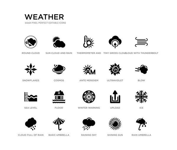 Set of 20 black filled vector icons such as rain umbrella, ice, blow, cloud with thunderbolt, shining sun, raining sky, snowflakes, tiny gross cloud, thermometer and sun, sun cloud and rain. weather — Stock Vector