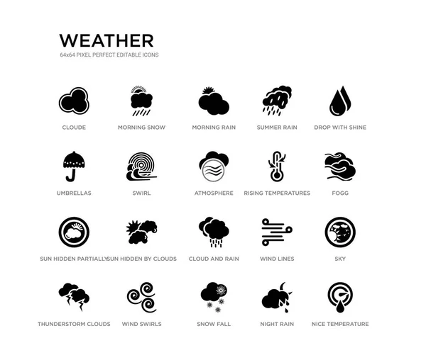 Set of 20 black filled vector icons such as nice temperature, sky, fogg, drop with shine, night rain, snow fall, umbrellas, summer rain, morning rain, morning snow. weather black icons collection. — Stock Vector