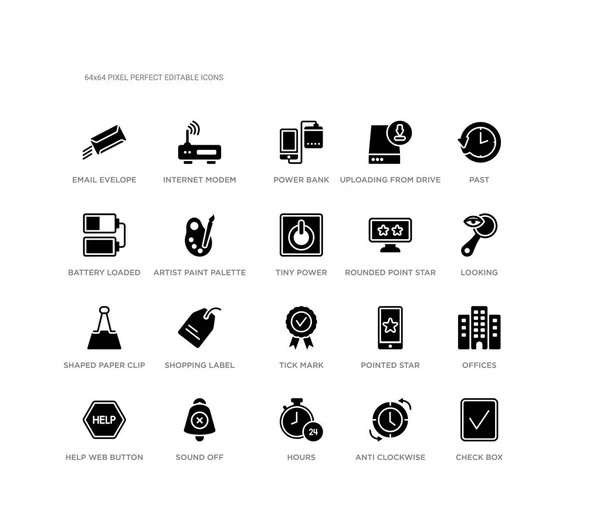 Set of 20 black filled vector icons such as check box, offices, looking, past, anti clockwise, hours, battery loaded, uploading from drive, power bank, internet modem. ui black icons collection. — Stok Vektör