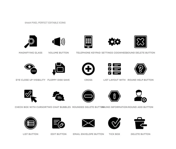 Set of 20 black filled vector icons such as delete button, round add button, round help button, round delete tick box, email envelope eye close up visibility settings cogwheel telephone keypad, — Stock Vector