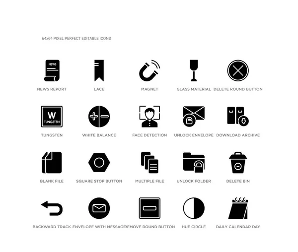 Uppsättning av 20 svart fyllda vektor ikoner som daglig kalender dag 14, ta bort bin, ladda ner arkiv, ta bort runda knappen, nyans cirkel, ta bort runda knappen, volfram, glas material, magnet, spetsar. Ui — Stock vektor