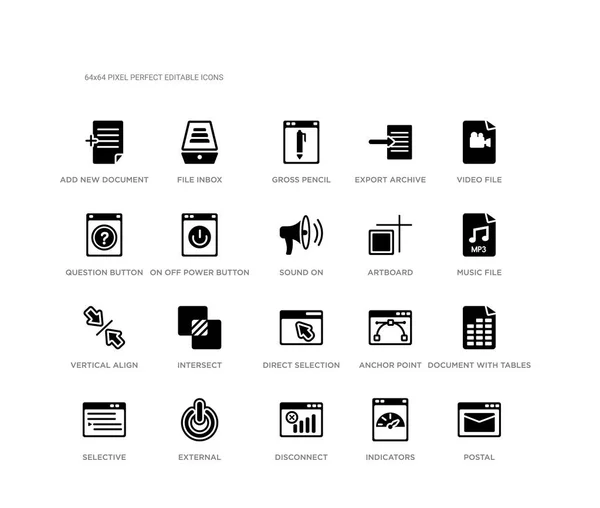 Set van 20 zwart gevuld vector iconen zoals post, document met tabellen, muziekbestand, video bestand, indicatoren, loskoppelen, vraag knop, export archief, bruto potlood, bestand Inbox. UI zwarte iconen — Stockvector
