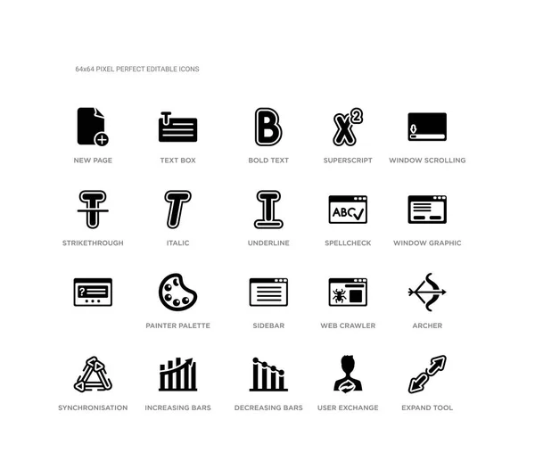 Conjunto de 20 iconos vectoriales llenos de negro, como herramienta de expansión, arquero, gráfico de ventanas, desplazamiento de ventanas a la derecha, intercambio de usuarios, gráfico de barras decreciente, tachado, superíndice, texto en negrita, cuadro de texto. Ui. — Vector de stock