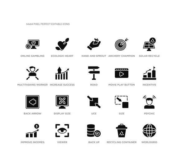 Ensemble de 20 icônes vectorielles remplies noires telles que worldgrid, psychique, incitatif, recyclage solaire, récipient de recyclage, sauvegarde, travailleur multitâche, champion du tir à l'arc, main et germe, cœur écologique. ui — Image vectorielle