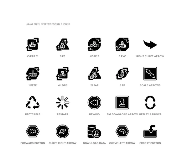 Set van 20 zwarte gevulde vector iconen zoals export knop, replay pijlen, schaal pijlen, rechts curve pijl, kromme pijl naar links, Download Data, 1 Pete, 3 PVC, HDPE 2, 6 PS. UI Black icons collectie. — Stockvector