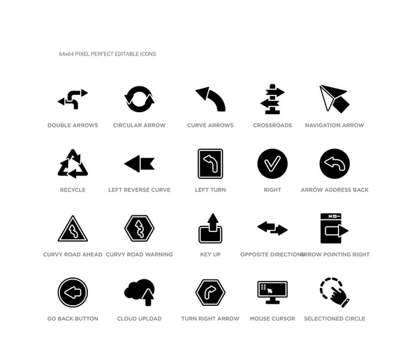 Set van 20 zwart gevuld vector iconen zoals selectiecirkel, pijl naar rechts, pijl adres terug, navigatie pijl, muis cursor, rechtsaf recyclen, kruispunten, Curve pijlen, circulaire UI — Stockvector