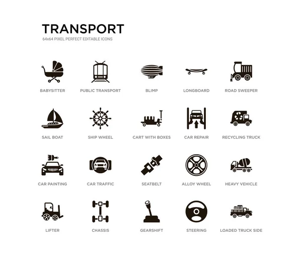 Set von 20 schwarz gefüllten Vektorsymbolen wie beladene LKW-Seitenansicht, Schwerfahrzeug, Recycling-LKW, Straßenkehrmaschine, Lenkung, Schaltung, Segelboot, Longboard, Luftblase, öffentliche Verkehrsmittel. Transport schwarz — Stockvektor