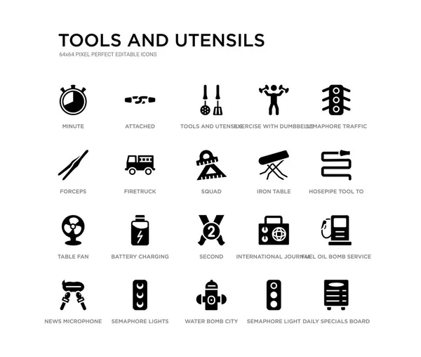 Joukko 20 musta täytetty vektori kuvakkeet kuten päivittäin tarjoukset aluksella, polttoöljy pommi palvelu, letku työkalu sammuttaa tulipalon tai puutarhanhoito, semafori liikennevalot, semafori valo, vesi pommi kaupunki — vektorikuva