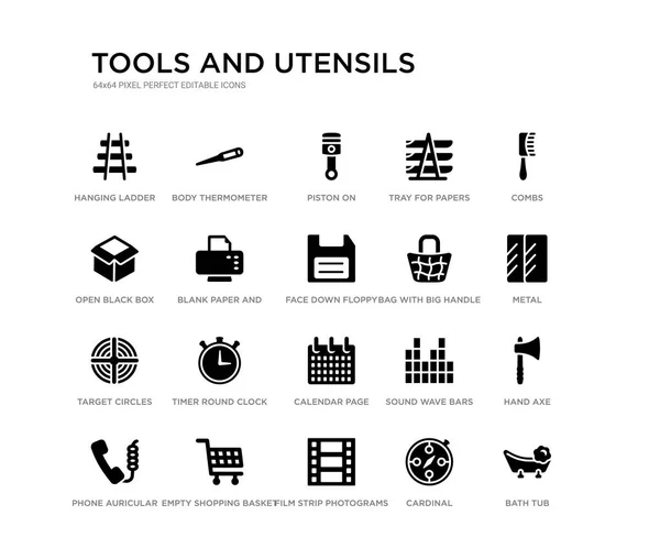 Set di 20 icone vettoriali piene di nero come vasca da bagno, ascia, metallo, pettini, cardinali, pellicole fotografiche, scatola nera aperta, vassoio per carta, pistone, termometro corpo. utensili e utensili neri — Vettoriale Stock