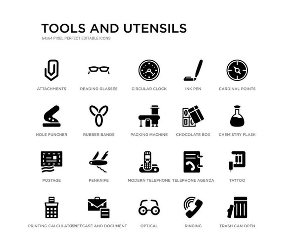 набор из 20 черных заполненных векторных значков, таких как мусорное ведро, татуировка, химическая колба с жидкостью, кардинальные точки, звон, оптические, дырокол, чернильная ручка, круглые часы, очки для чтения. инструменты и
