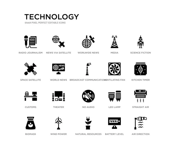 Conjunto de 20 iconos vectoriales llenos de negro, tales como la dirección del aire, aire recto, temporizador de cocina, ciencia ficción, nivel de batería, recursos naturales, satélite espacial, medios de comunicación, noticias en todo el mundo, noticias vía satélite . — Vector de stock