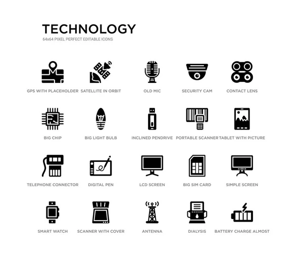 Conjunto de 20 iconos de vectores llenos de negro, como la carga de la batería casi lleno, pantalla simple, tableta con imagen, lente de contacto, diálisis, antena, chip grande, cámara de seguridad, micrófono viejo, satélite en órbita . — Archivo Imágenes Vectoriales