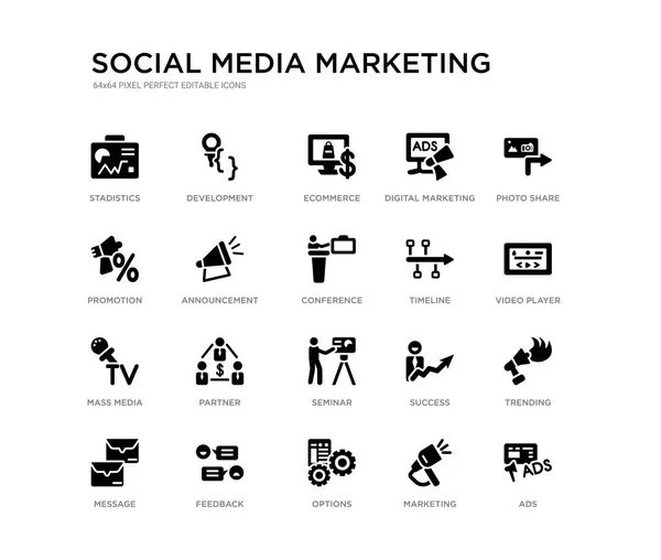 Set di 20 icone vettoriali piene di nero come annunci, trend, lettore video, condivisione di foto, marketing, opzioni, promozione, marketing digitale, e-commerce, sviluppo. social media marketing icone nere — Vettoriale Stock