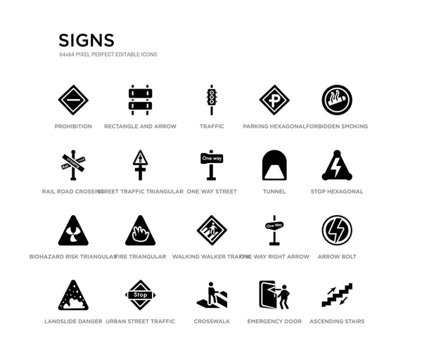 Jeu de 20 icônes vectorielles remplies de noir telles que escaliers ascendants, boulon de flèche, arrêt hexagonal, interdiction de fumer, porte d'urgence, passage à niveau, traversée de chemin de fer, stationnement hexagonal, circulation , — Image vectorielle