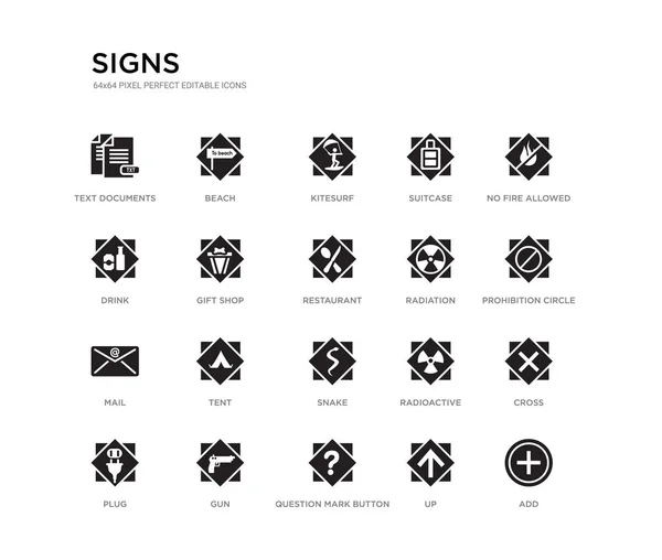 Набір з 20 чорних заповнених векторних іконок, таких як додавання, хрест, заборона кола, без вогню дозволено, вгору, кнопка знак питання, напій, валіза, кайтсерф, пляж. знаки колекції чорних іконок. піксель, який можна редагувати — стоковий вектор
