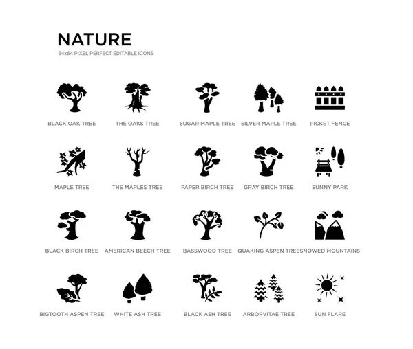 Set van 20 zwarte gevulde vector iconen zoals zon flare, besneeuwde bergen, Sunnypark, piket Fence, arborvitae boom, zwarte as boom, Maple Tree, zilveren Maple Sugar Maple de eiken natuur zwarte iconen — Stockvector