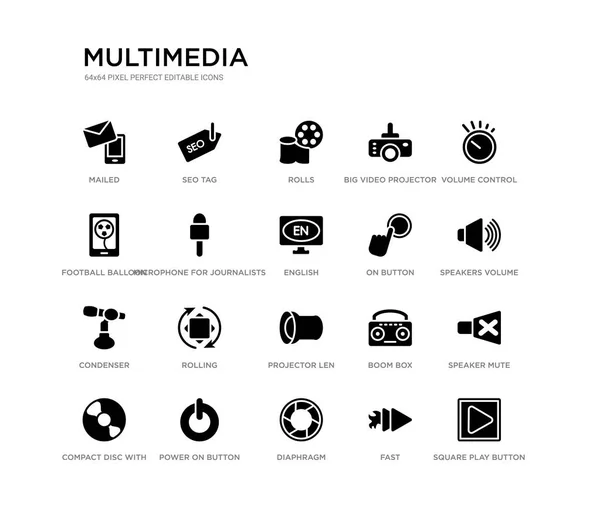 사각형 재생 버튼, 스피커 음소거, 스피커 볼륨, 볼륨 컨트롤, 빠른 다이어 프 램, 축구 풍선 큰 비디오 프로젝터, 롤, seo 태그와 같은 20 블랙 채워진 벡터 아이콘의 집합입니다. 멀티미디어 — 스톡 벡터