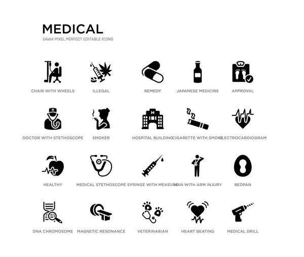 Set von 20 schwarz gefüllten Vektorsymbolen wie medizinischer Bohrer, Bettpfanne, Elektrokardiogramm am Herzen, Zulassung, Herzschlag, Tierarzt, Arzt mit Stethoskop, japanische Medizinflasche, Heilmittel, — Stockvektor