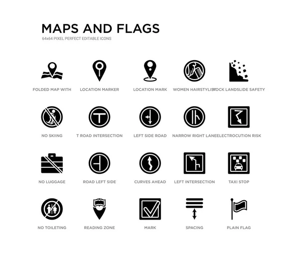 Set of 20 black filled vector icons such as plain flag, taxi stop, electrocution risk, rock landslide safety, spacing, mark, no skiing, women hairstylist, location mark, location marker. maps and — Stock Vector