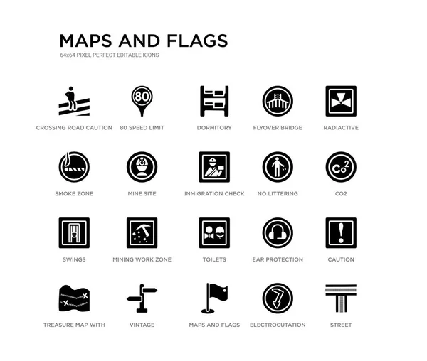 Set of 20 black filled vector icons such as street, caution, co2, radiactive, electrocutation danger, maps and flags, smoke zone, flyover bridge, dormitory, 80 speed limit. maps and flags black — Stock Vector