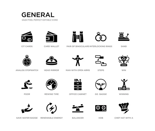 Set of 20 black filled vector icons such as chef hat with a pencil, winning, win, sand, hob, balancer, analog stopwatch, interlocking rings, pair of binoculars, card wallet. general black icons — Stockový vektor