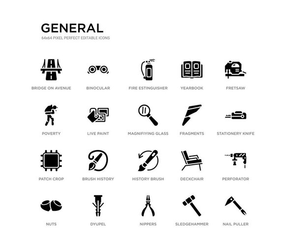 set of 20 black filled vector icons such as nail puller, perforator, stationery knife, fretsaw, sledgehammer, nippers, poverty, yearbook, fire estinguisher, binocular. general black icons