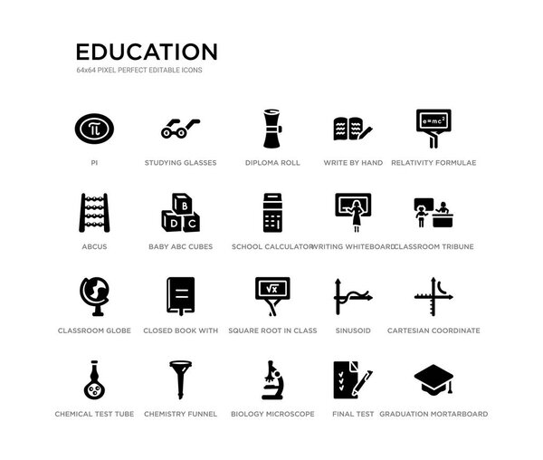 набор из 20 черных заполненных векторных икон, таких как микро-доска, картезианская система координат, трибуна класса, формулы относительности, финальный тест, биологический микроскоп, abcus, писать от руки, диплом
