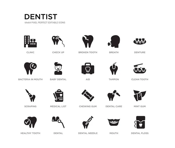 Conjunto de 20 iconos de vectores llenos de negro, tales como hilo dental, goma de menta, diente limpio, dentadura postiza, boca, aguja dental, bacterias en la boca, aliento, diente roto, chequeo. colección de iconos negro dentista . — Archivo Imágenes Vectoriales