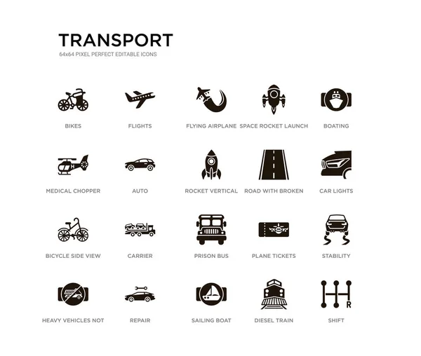 Jeu de 20 icônes vectorielles remplies de noir telles que décalage, stabilité, feux de voiture, navigation de plaisance, train diesel, voilier, transport d'hélicoptère médical, lancement de fusée spatiale, avion volant, vols. transports Illustration De Stock