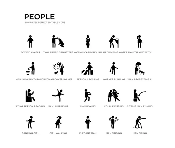 Conjunto de 20 iconos de vectores llenos de negro como el esquí de hombre, sentado hombre de pesca, hombre protegiendo a un perro con un paraguas, hablando con el teléfono, cantando, elegante mirando a través del contenedor de basura , Vector De Stock