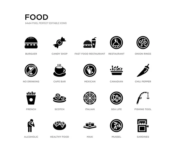 Set van 20 zwarte gevulde vector iconen zoals sardines, Fishing tool, Chili peper, uienringen, Mossel, Maki, geen drinken, Restaurant, Fast Food Restaurant, snoepwinkel. voedsel zwarte iconen collectie. Stockvector