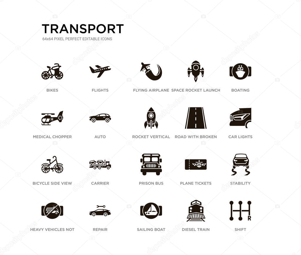 set of 20 black filled vector icons such as shift, stability, car lights, boating, diesel train, sailing boat, medical chopper transport, space rocket launch, flying airplane, flights. transport