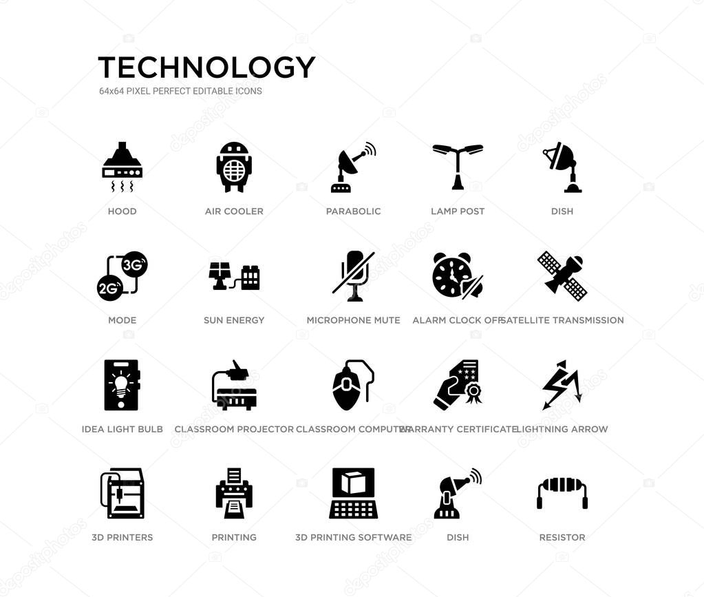 set of 20 black filled vector icons such as resistor, lightning arrow, satellite transmission, dish, dish, 3d printing software, mode, lamp post, parabolic, air cooler. technology black icons