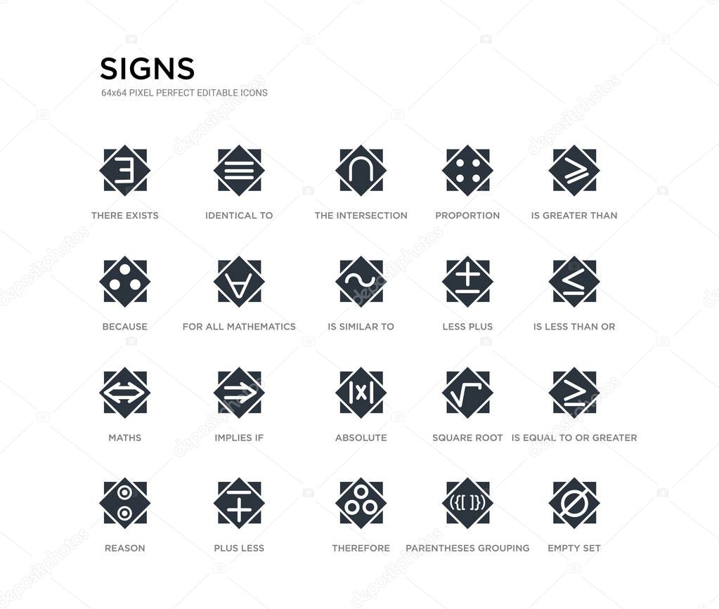 set of 20 black filled vector icons such as empty set, is equal to or greater than, is less than or equal to, is greater than or equal to, parentheses grouping, therefore, because, proportion, the