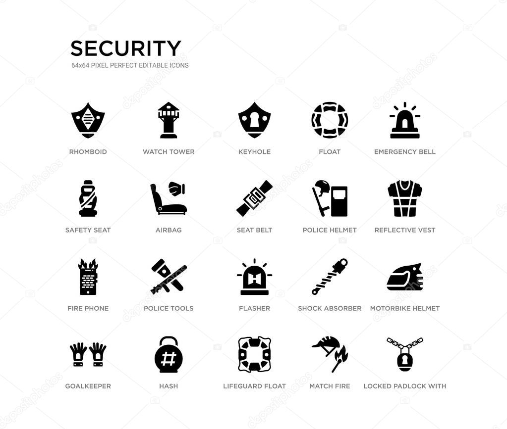 set of 20 black filled vector icons such as locked padlock with chain, motorbike helmet, reflective vest, emergency bell, match fire, lifeguard float, safety seat, float, keyhole, watch tower.