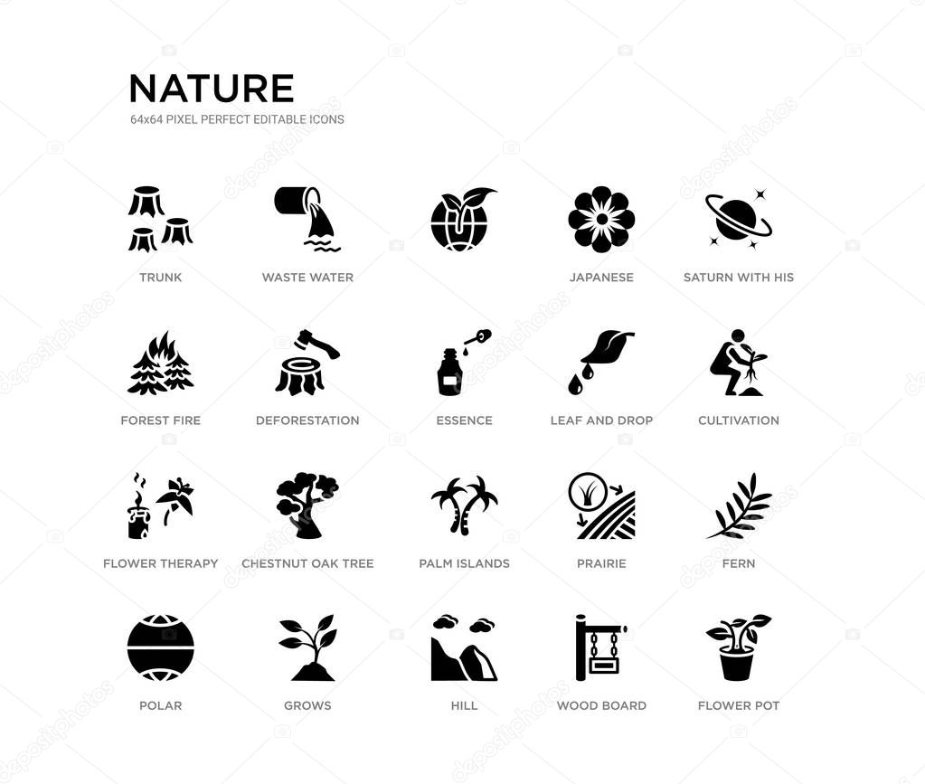 set of 20 black filled vector icons such as flower pot, fern, cultivation, saturn with his ring, wood board, hill, forest fire, japanese,  , waste water. nature black icons collection. editable