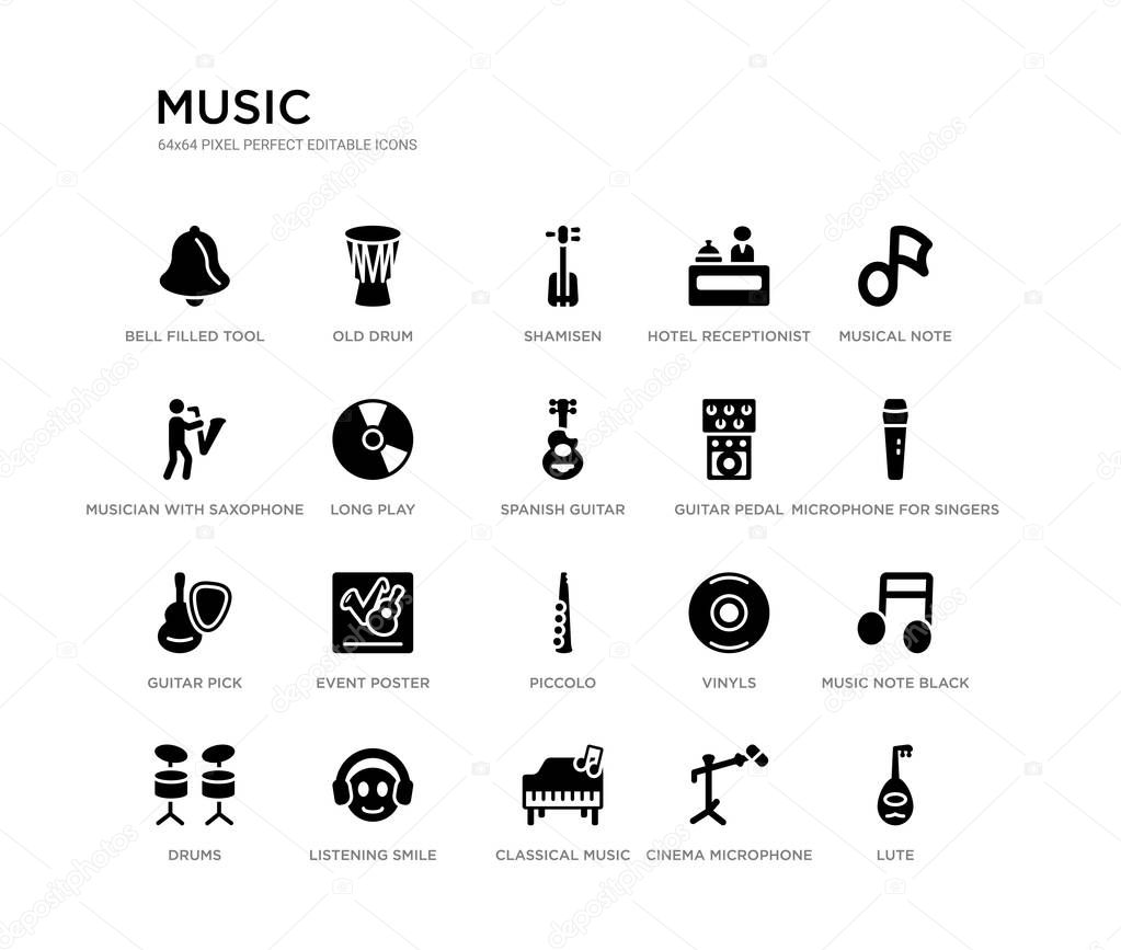 set of 20 black filled vector icons such as lute, music note black, microphone for singers, musical note, cinema microphone, classical music, musician with saxophone, hotel receptionist, shamisen,