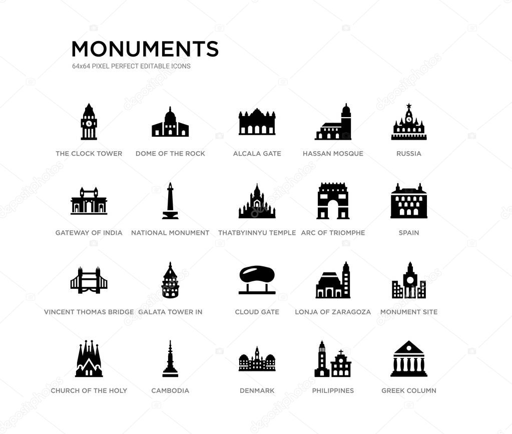 set of 20 black filled vector icons such as greek column, monument site, spain, russia, philippines, denmark, gateway of india, hassan mosque, alcala gate, dome of the rock. monuments black icons