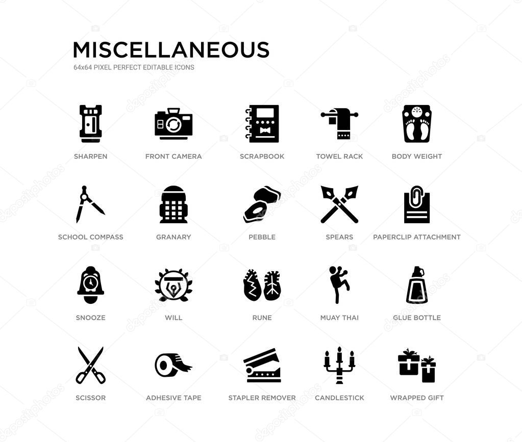 Set of 20 black filled vector icons such as wrapped gift, glue bottle, paperclip attachment, body weight, candlestick, stapler remover, school compass, towel rack, scrapbook, front camera.