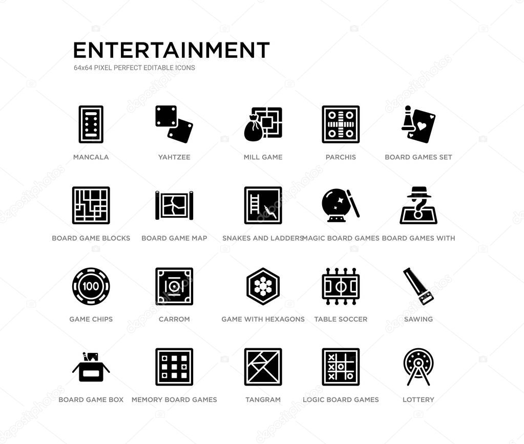 set of 20 black filled vector icons such as lottery, sawing, board games with roles, board games set, logic board games, tangram, game blocks, parchis, mill game, yahtzee. entertainment black icons