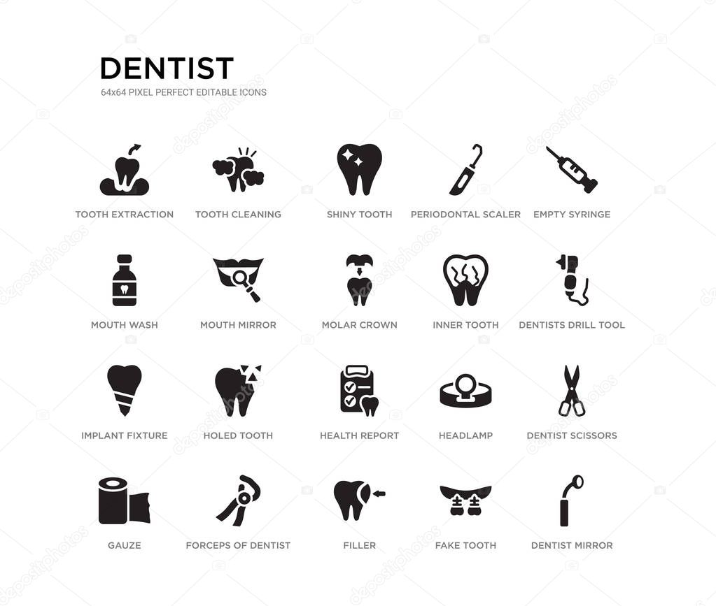 set of 20 black filled vector icons such as dentist mirror, dentist scissors, dentists drill tool, empty syringe, fake tooth, filler, mouth wash, periodontal scaler, shiny tooth, tooth cleaning.
