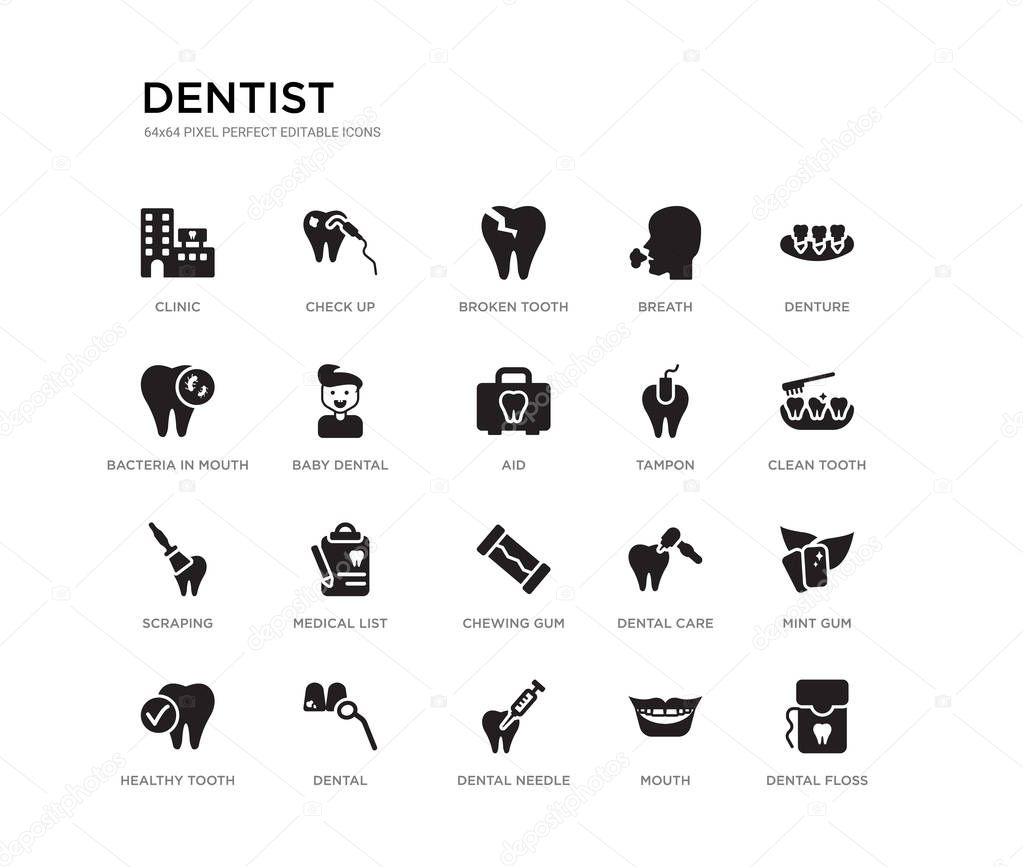 set of 20 black filled vector icons such as dental floss, mint gum, clean tooth, denture, mouth, dental needle, bacteria in mouth, breath, broken tooth, check up. dentist black icons collection.