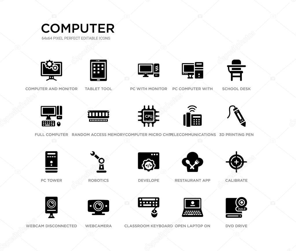 set of 20 black filled vector icons such as dvd drive, calibrate, 3d printing pen, school desk, open laptop on, classroom keyboard, full computer, pc computer with monitor, pc with monitor, tablet