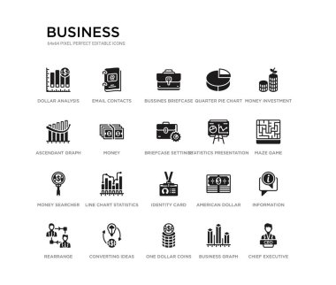 Yönetim Kurulu Başkanı, bilgi, labirent oyunu, para yatırımı, iş grafiği, bir dolar sikke, yükselen grafik, çeyrek pasta grafik, Bussines gibi 20 siyah dolu vektör simgeleri seti