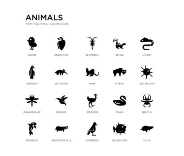 set of 20 black filled vector icons such as mole, beetle, sea urchin, moray, globe fish, sparrow, penguin, skunk, silverfish, deadlock. animals black icons collection. editable pixel perfect clipart