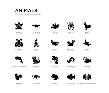 kanatlar, Angler, mühür, horoz, Flounder, tembel, uğur böceği, örümcek, güvercin, Platypus ile kelebek gibi 20 siyah dolu vektör simgeleri ayarlayın. hayvanlar siyah simgeler koleksiyonu. düzenlenebilir piksel mükemmel