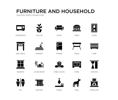 Şömine, perde, beşik, kapı, köpek, havlu, yan masa, göğüs, Divan, kaktüs gibi 20 siyah dolu vektör simgeleri seti. Mobilya ve ev siyah simgeler koleksiyonu. düzenlenebilir piksel mükemmel