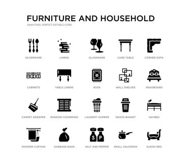 Set 20 siyah dolu vektör simgeleri gibi kızak yatak, Divan, headboard, köşe kanepe, küçük tencere, tuz ve biber Shakers, dolaplar, kart masası, cam, nevresimler. Mobilya ve ev