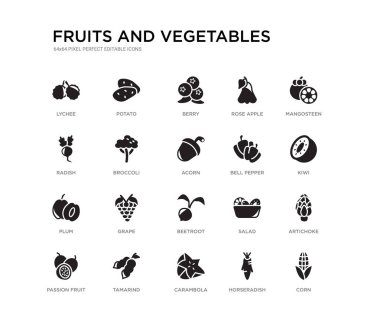 20 siyah dolu vektör simgeleri Mısır, enginar, kivi, mangosten, horserpu, Carambola, turp, elma, Berry, patates gül gibi ayarlayın. meyve ve sebze siyah simgeler koleksiyonu. düzenlenebilir piksel