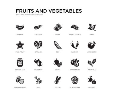kayısı, Arugula, patlıcan, fesleğen, böğürtlen, kereviz, yıldız meyve, tatlı patates, yumru, kabak gibi 20 siyah dolu vektör simgeleri ayarlayın. meyve ve sebze siyah simgeler koleksiyonu. Düzenlen -ebilir